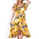 Yellow Large Tropical Print High-Low Wrap Dress with Flutter Sleeves