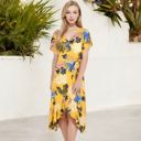 Yellow Large Tropical Print High-Low Wrap Dress with Flutter Sleeves