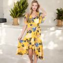 Yellow Large Tropical Print High-Low Wrap Dress with Flutter Sleeves