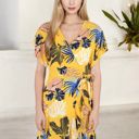 Yellow Large Tropical Print High-Low Wrap Dress with Flutter Sleeves