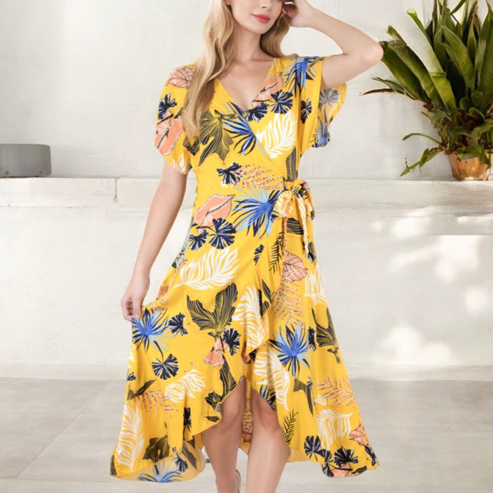 Tropical Print High-Low Wrap Dress with Flutter Sleeves