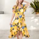 Yellow Large Tropical Print High-Low Wrap Dress with Flutter Sleeves