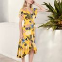 Yellow Large Tropical Print High-Low Wrap Dress with Flutter Sleeves