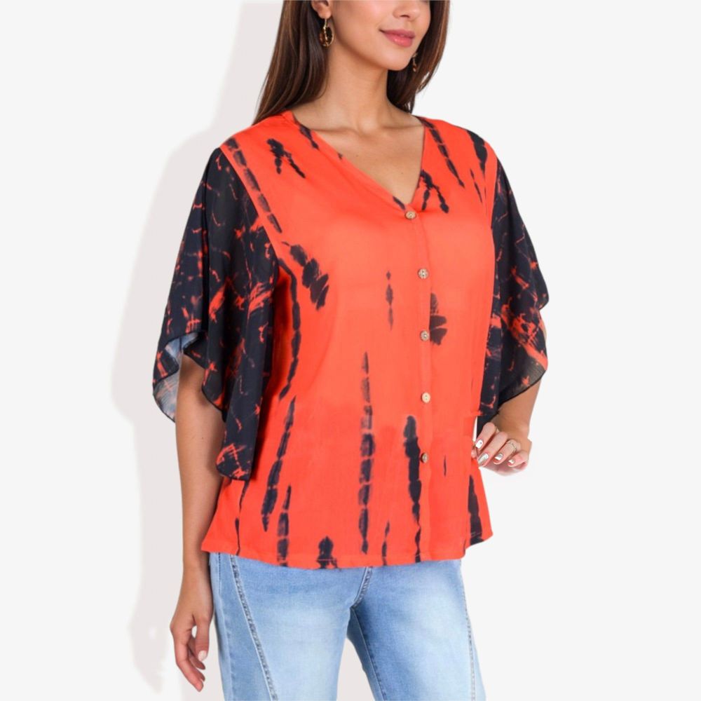 Button-Front Tie-Dye Duster Sleeve Blouse