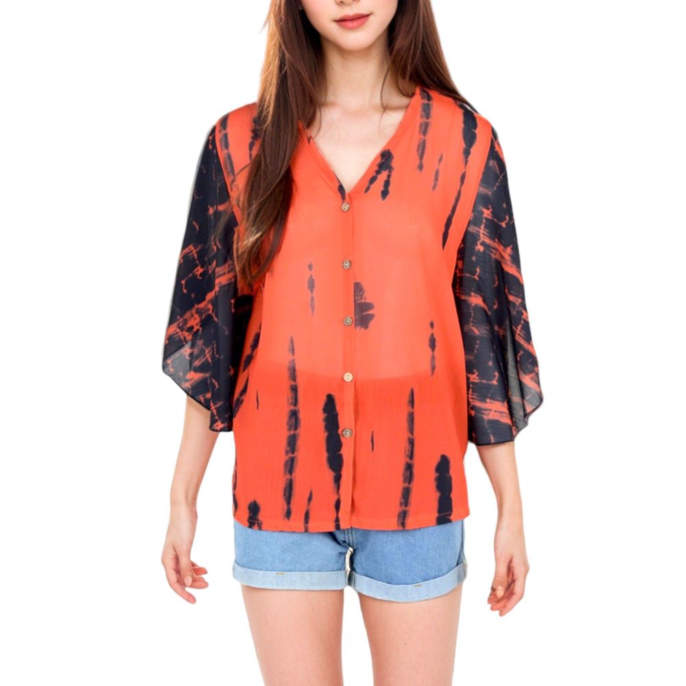 Button-Front Tie-Dye Duster Sleeve Blouse