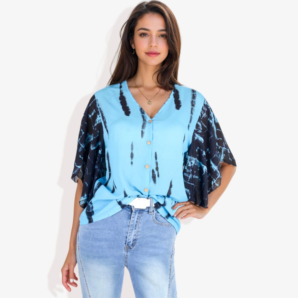 Button-Front Tie-Dye Duster Sleeve Blouse