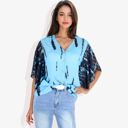 Blue Large Button-Front Tie-Dye Duster Sleeve Blouse