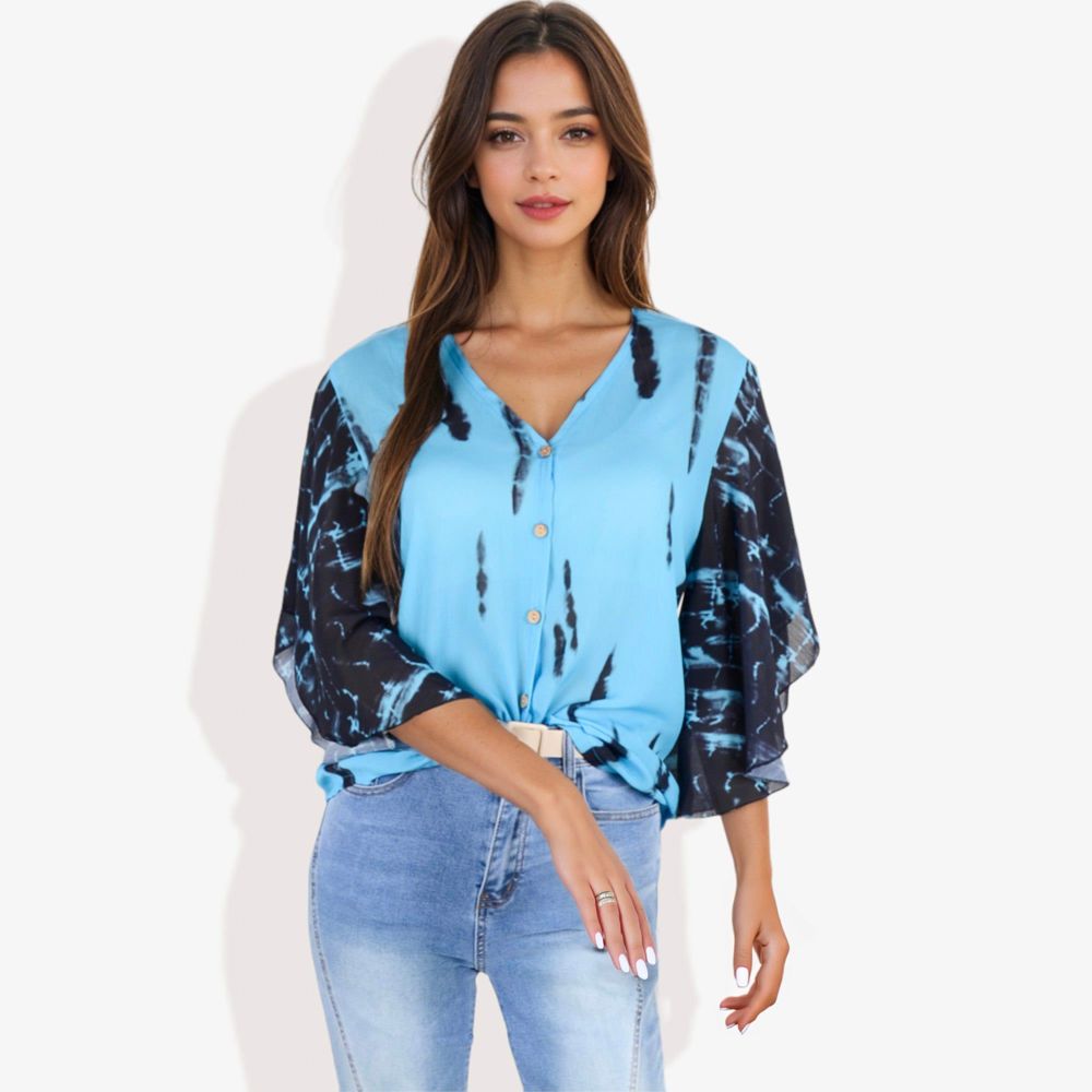 Button-Front Tie-Dye Duster Sleeve Blouse