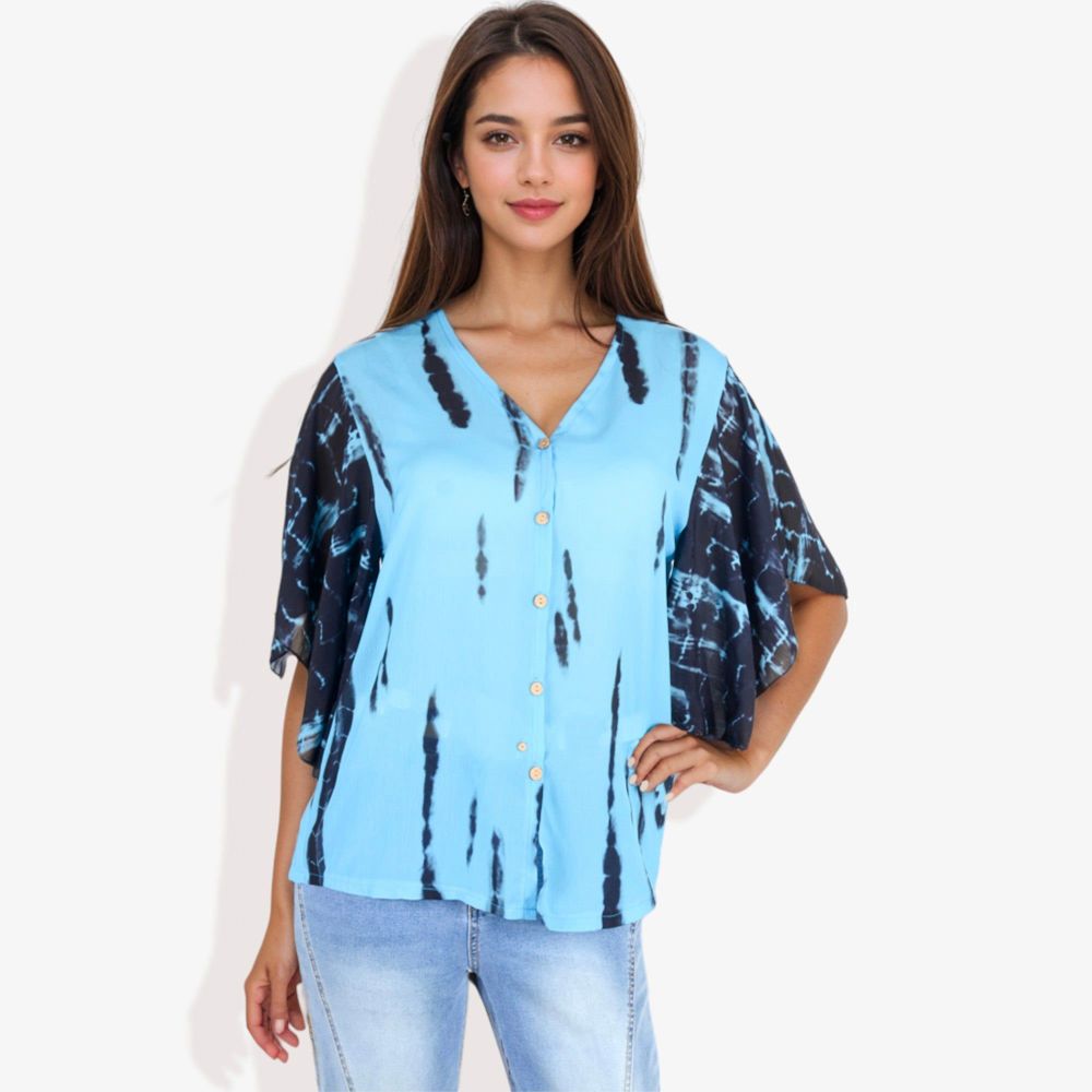 Button-Front Tie-Dye Duster Sleeve Blouse