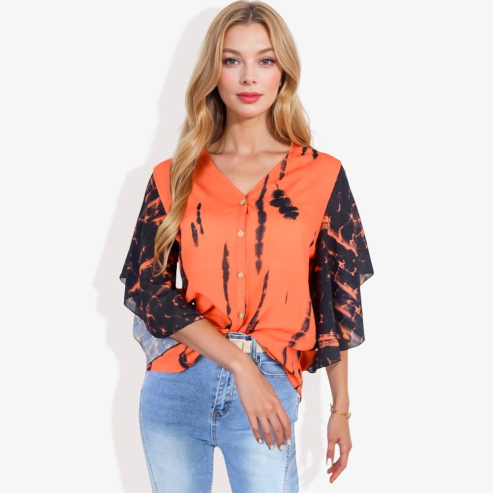 Button-Front Tie-Dye Duster Sleeve Blouse