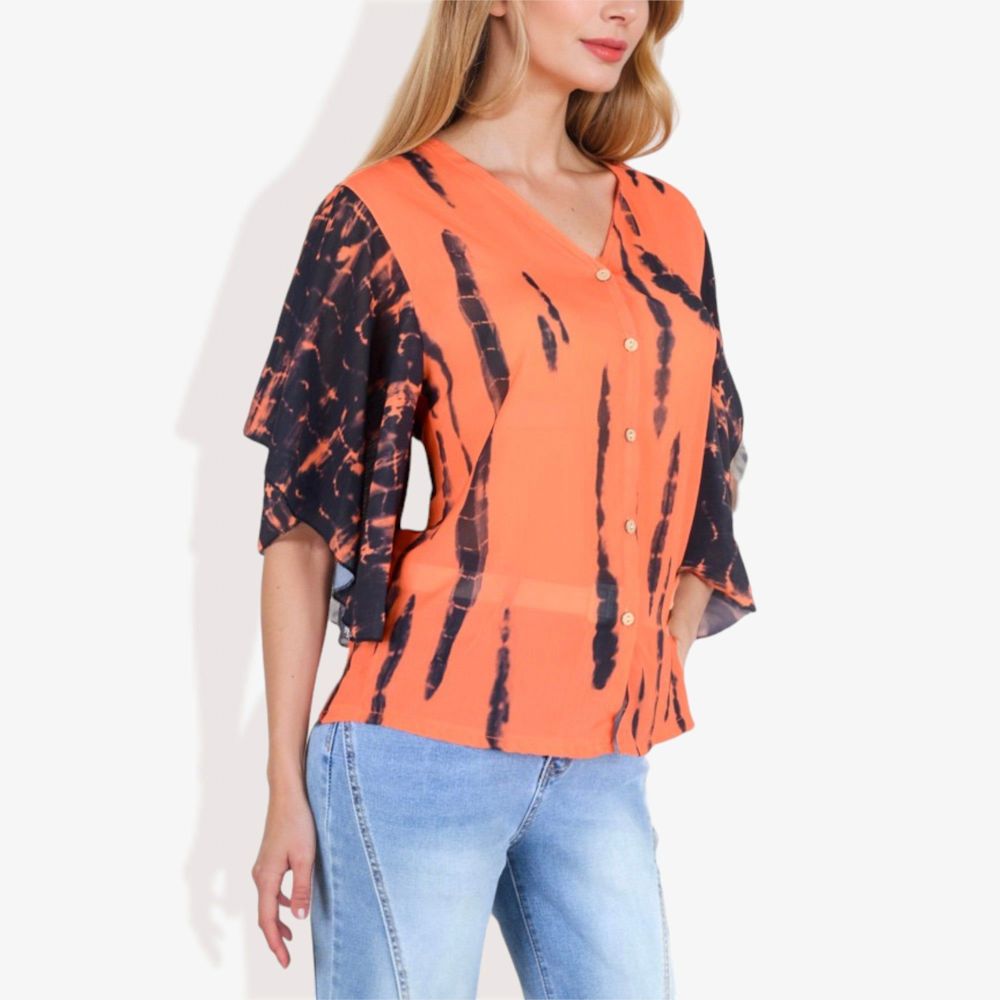 Button-Front Tie-Dye Duster Sleeve Blouse