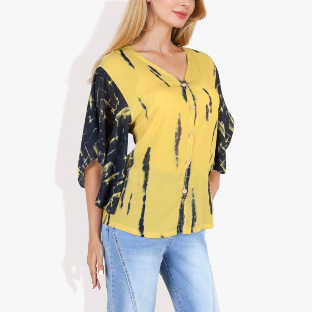 Button-Front Tie-Dye Duster Sleeve Blouse