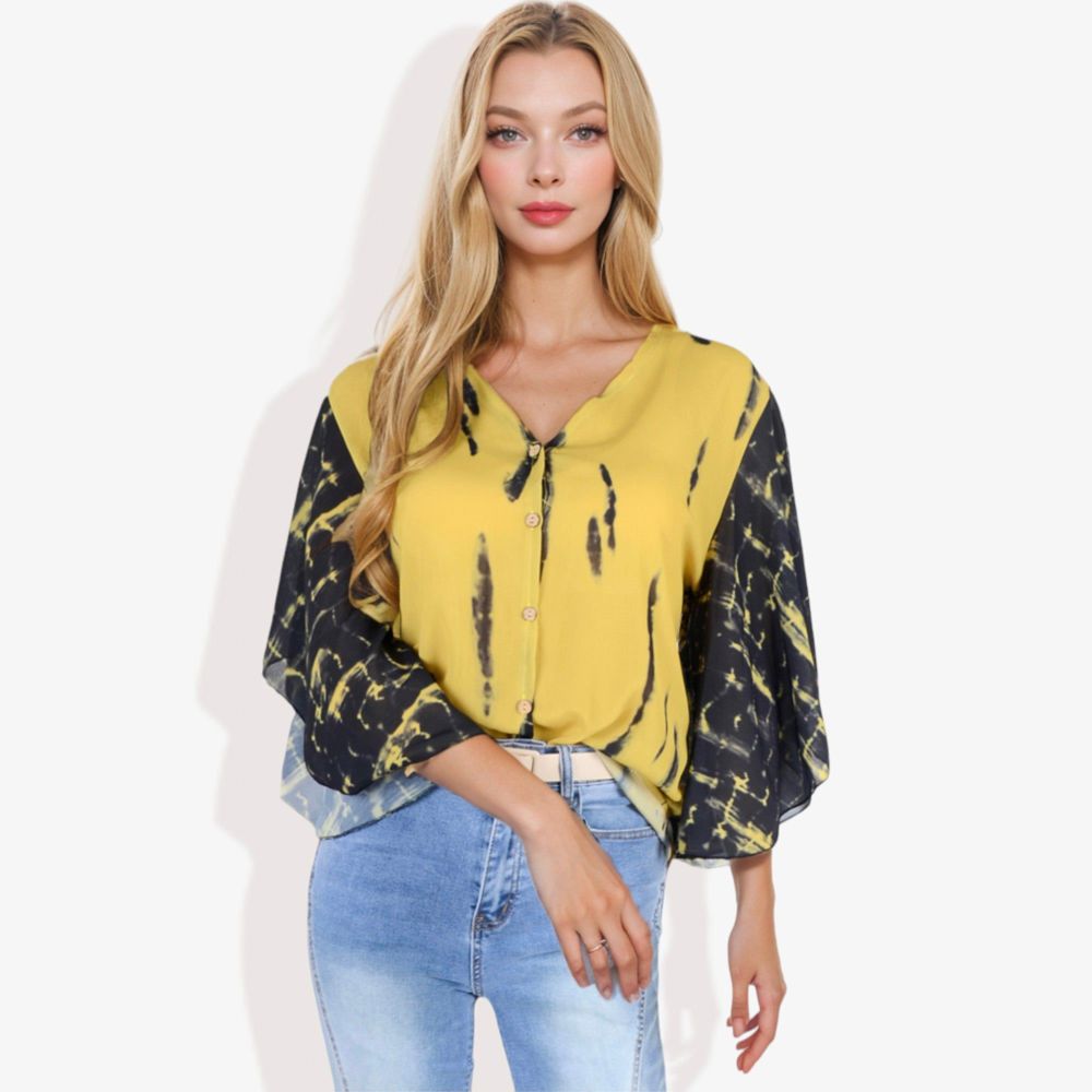 Button-Front Tie-Dye Duster Sleeve Blouse