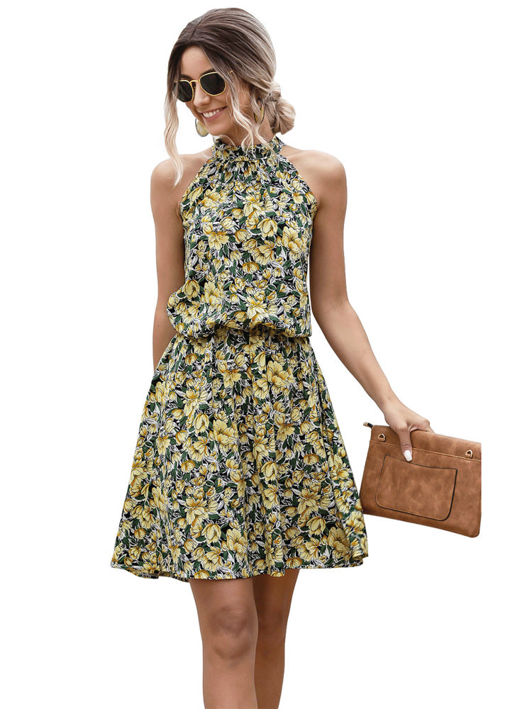 Halter Neck Floral Mini Dress with Gathered Waist and Ruffle Hem