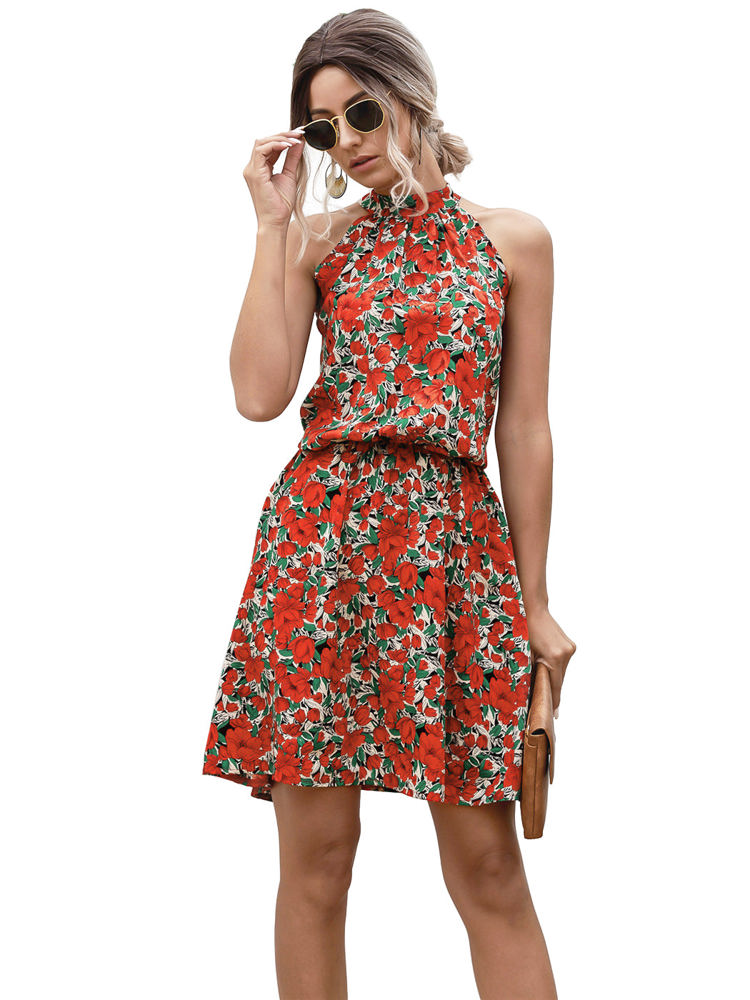 Halter Neck Floral Mini Dress with Gathered Waist and Ruffle Hem