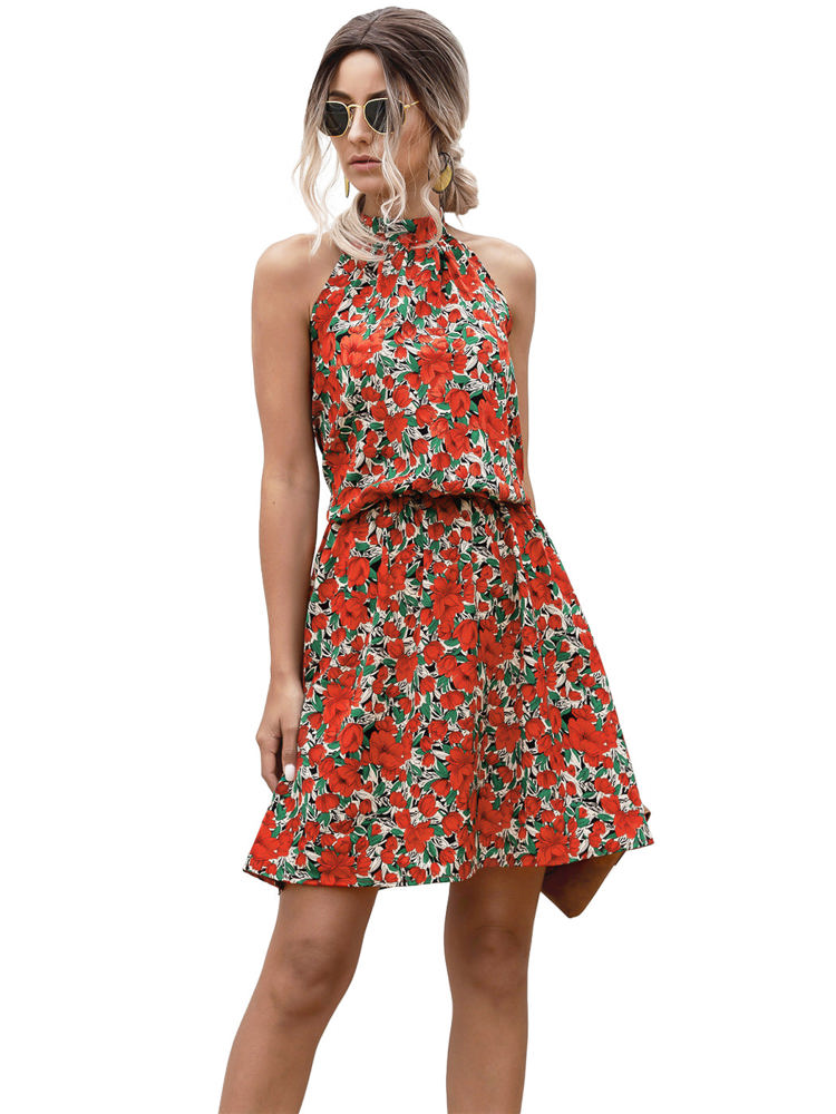 Halter Neck Floral Mini Dress with Gathered Waist and Ruffle Hem