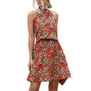 Red Large Halter Neck Floral Mini Dress with Gathered Waist and Ruffle Hem