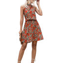 Red Large Halter Neck Floral Mini Dress with Gathered Waist and Ruffle Hem