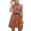 Red Medium Halter Neck Floral Mini Dress with Gathered Waist and Ruffle Hem