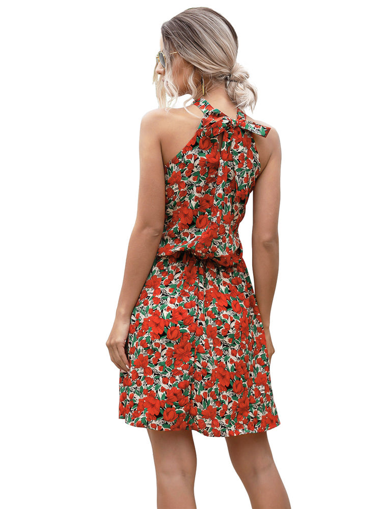 Halter Neck Floral Mini Dress with Gathered Waist and Ruffle Hem