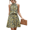 Yellow Large Halter Neck Floral Mini Dress with Gathered Waist and Ruffle Hem