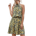 Yellow Large Halter Neck Floral Mini Dress with Gathered Waist and Ruffle Hem