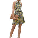 Yellow Large Halter Neck Floral Mini Dress with Gathered Waist and Ruffle Hem