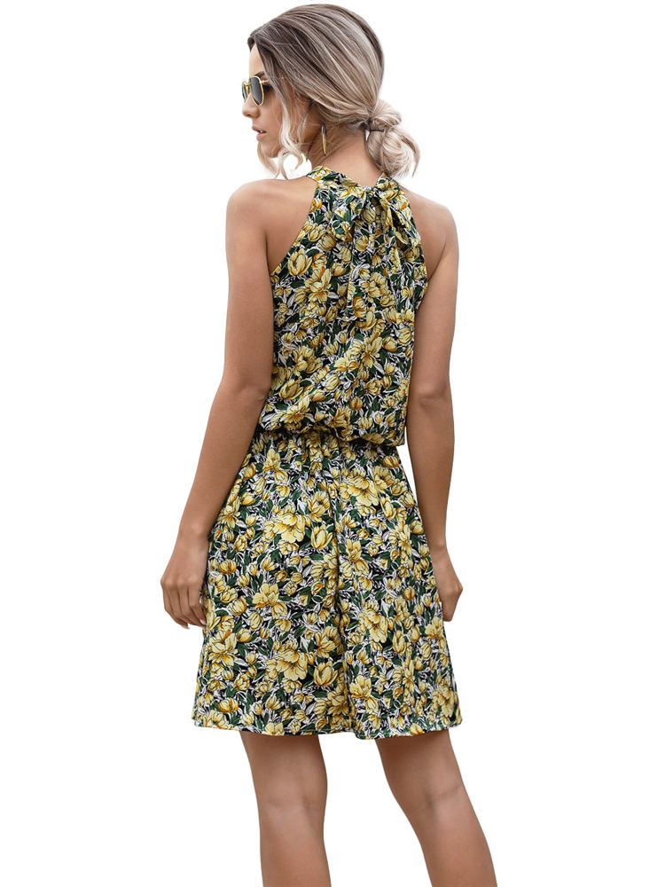 Halter Neck Floral Mini Dress with Gathered Waist and Ruffle Hem