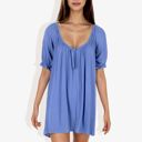  Short Sleeve Loose Fit Mini Dress with Tie Front and Elastic Cuffs Boho Style Casual Dress