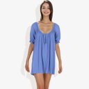  Short Sleeve Loose Fit Mini Dress with Tie Front and Elastic Cuffs Boho Style Casual Dress