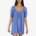 Blue Medium Short Sleeve Loose Fit Mini Dress with Tie Front and Elastic Cuffs Boho Style Casual Dress