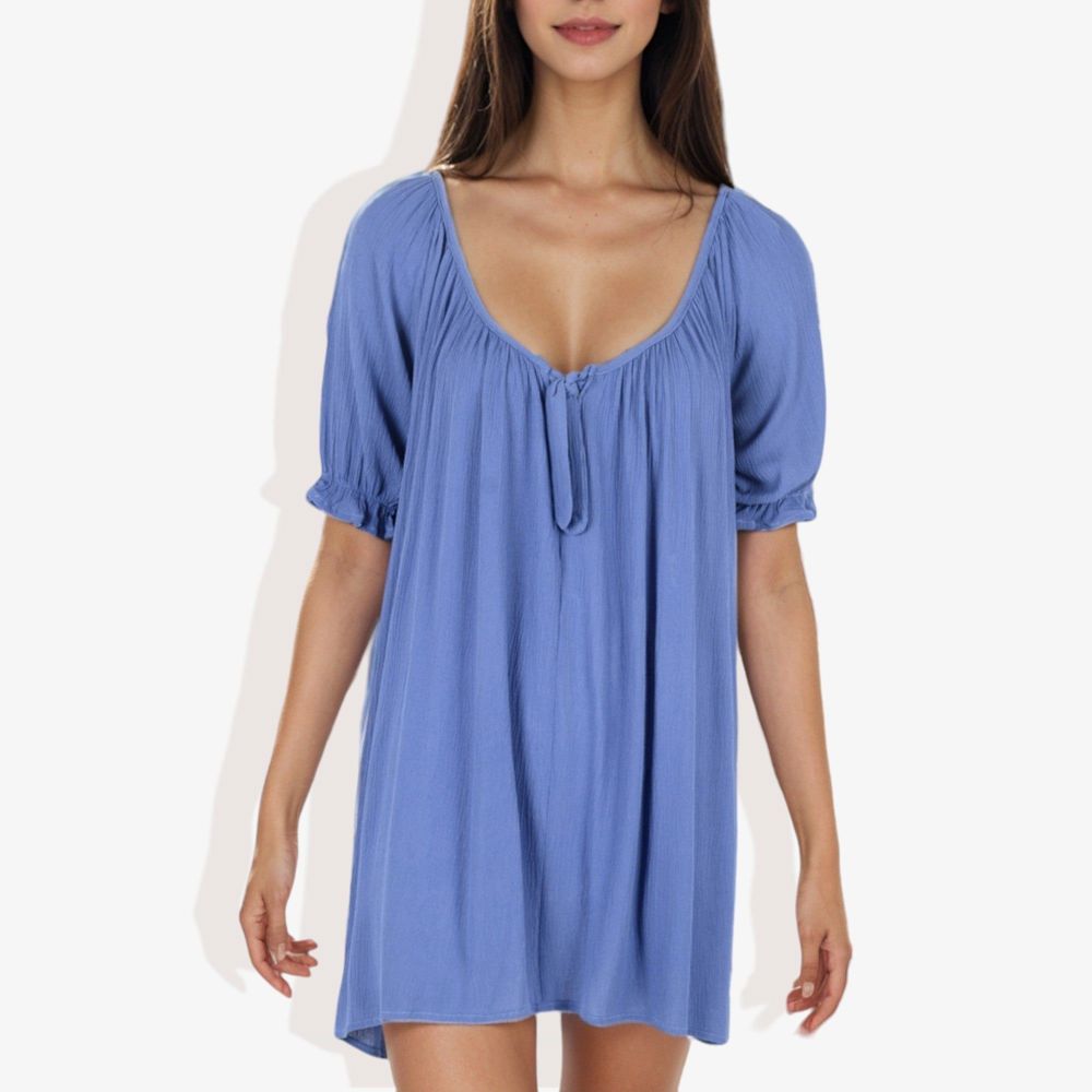 Short Sleeve Loose Fit Mini Dress with Tie Front and Elastic Cuffs Boho Style Casual Dress