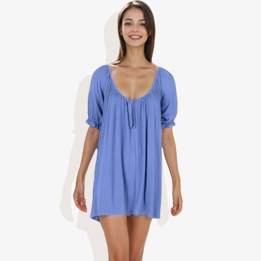 Short Sleeve Loose Fit Mini Dress with Tie Front and Elastic Cuffs Boho Style Casual Dress