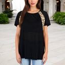 Black Large Short Sleeve Casual T-Shirt with Leopard Print Accents and Raglan Sleeves for Everyday Wear