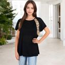 Black Large Short Sleeve Casual T-Shirt with Leopard Print Accents and Raglan Sleeves for Everyday Wear