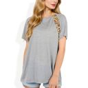 Gray Large Short Sleeve Casual T-Shirt with Leopard Print Accents and Raglan Sleeves for Everyday Wear