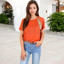 Orange Large Short Sleeve Casual T-Shirt with Leopard Print Accents and Raglan Sleeves for Everyday Wear