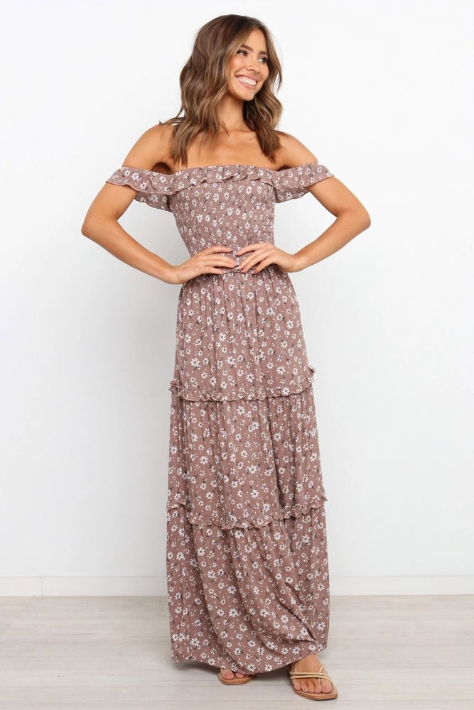 Off Shoulder Maxi Dress with Floral Print and Tiered Skirt