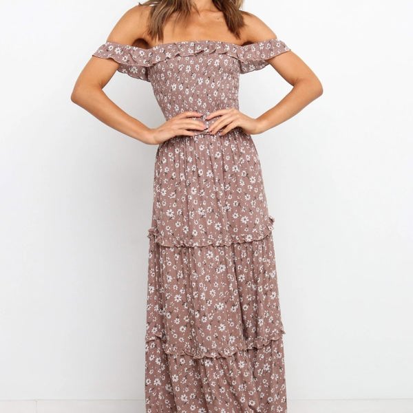 Off Shoulder Maxi Dress with Floral Print and Tiered Skirt