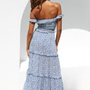 Blue Large Off Shoulder Maxi Dress with Floral Print and Tiered Skirt