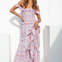 Purple Medium Off Shoulder Maxi Dress with Floral Print and Tiered Skirt