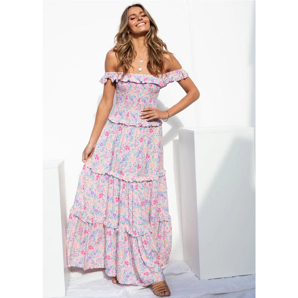 Off Shoulder Maxi Dress with Floral Print and Tiered Skirt