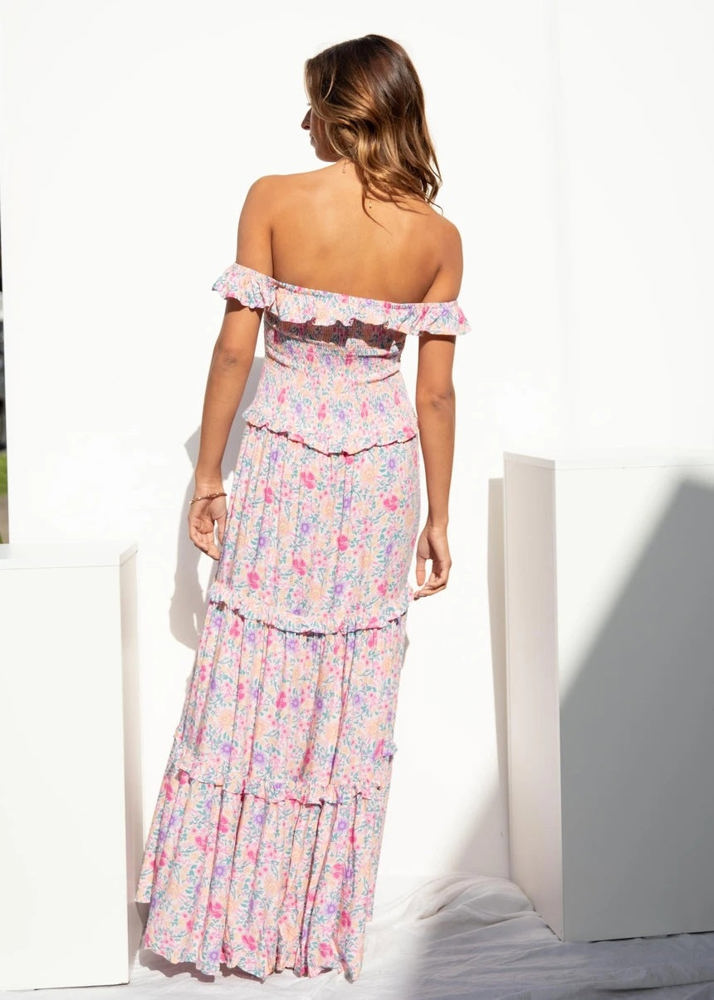 Off Shoulder Maxi Dress with Floral Print and Tiered Skirt