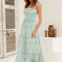 Green Large Off Shoulder Maxi Dress with Floral Print and Tiered Skirt