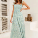 Green Medium Off Shoulder Maxi Dress with Floral Print and Tiered Skirt