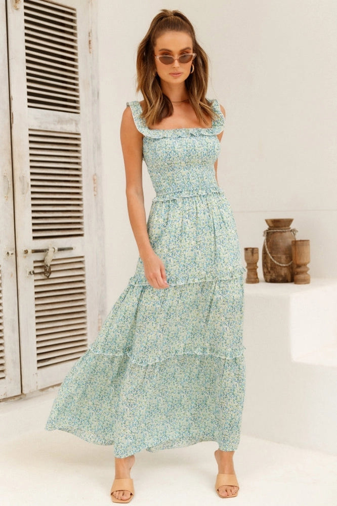 Off Shoulder Maxi Dress with Floral Print and Tiered Skirt