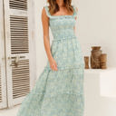 Green Medium Off Shoulder Maxi Dress with Floral Print and Tiered Skirt