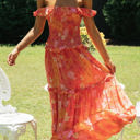 Orange Large Off Shoulder Maxi Dress with Floral Print and Tiered Skirt