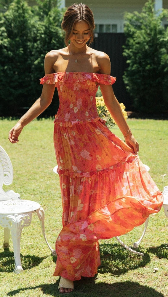 Off Shoulder Maxi Dress with Floral Print and Tiered Skirt