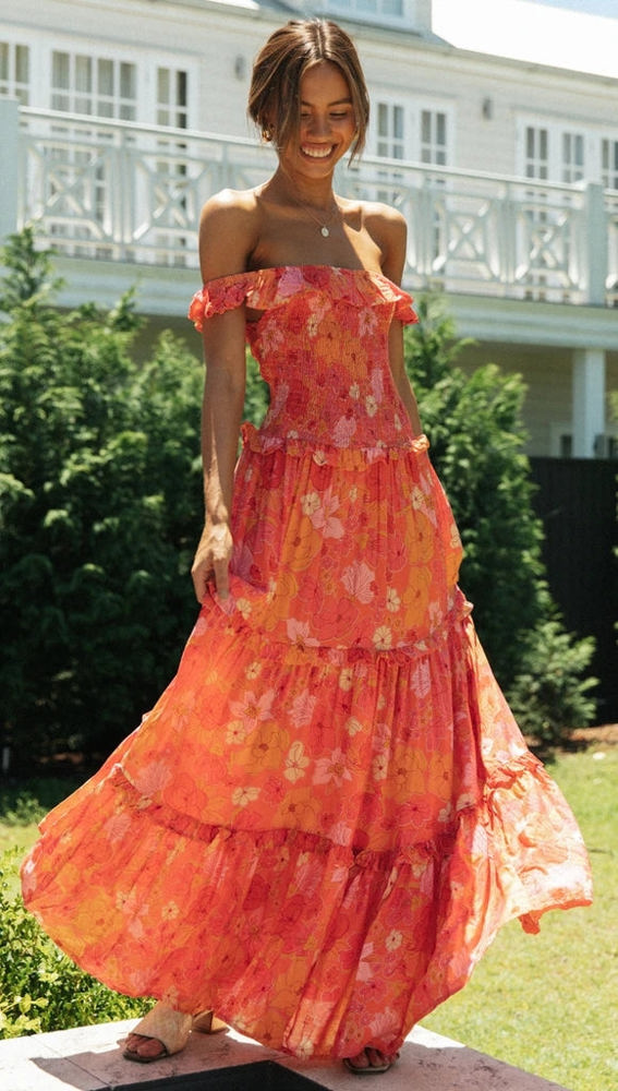 Off Shoulder Maxi Dress with Floral Print and Tiered Skirt